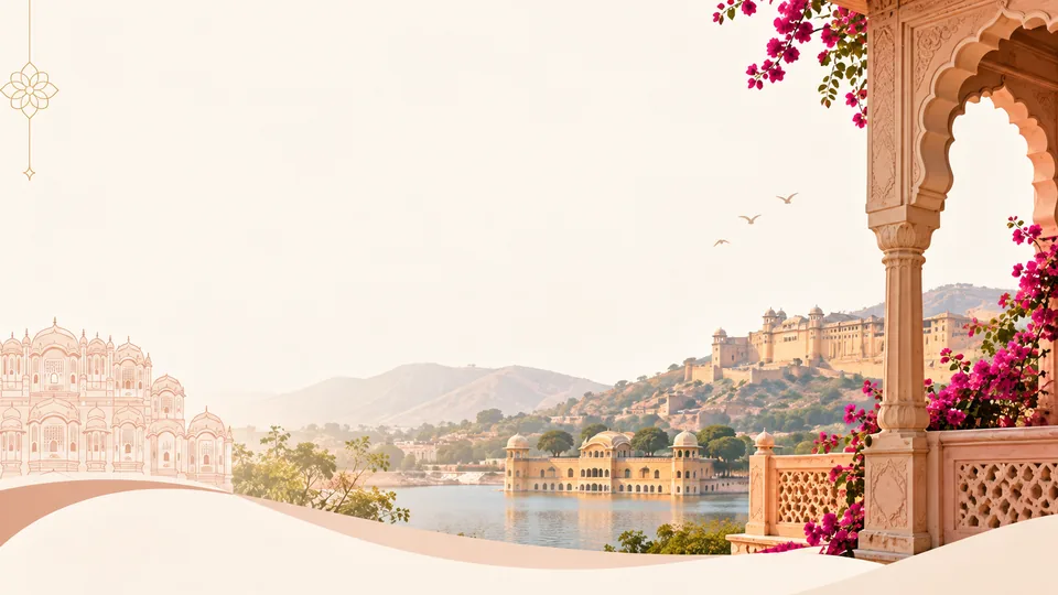 Jaipur heritage scene with a palace arch, Jal Mahal and Amer Fort