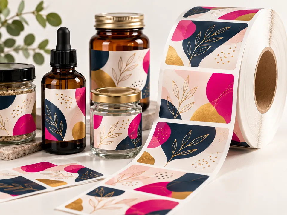 Custom product labels on a roll and applied to jars and bottles — label printing in Jaipur