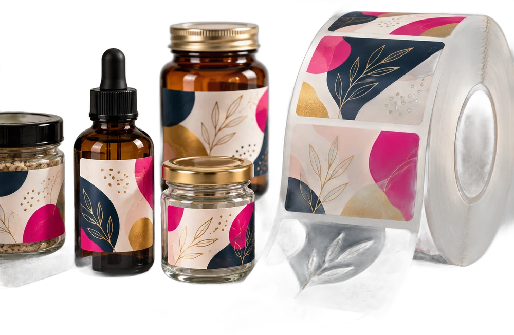 Custom labels on amber bottles, jars and a label roll