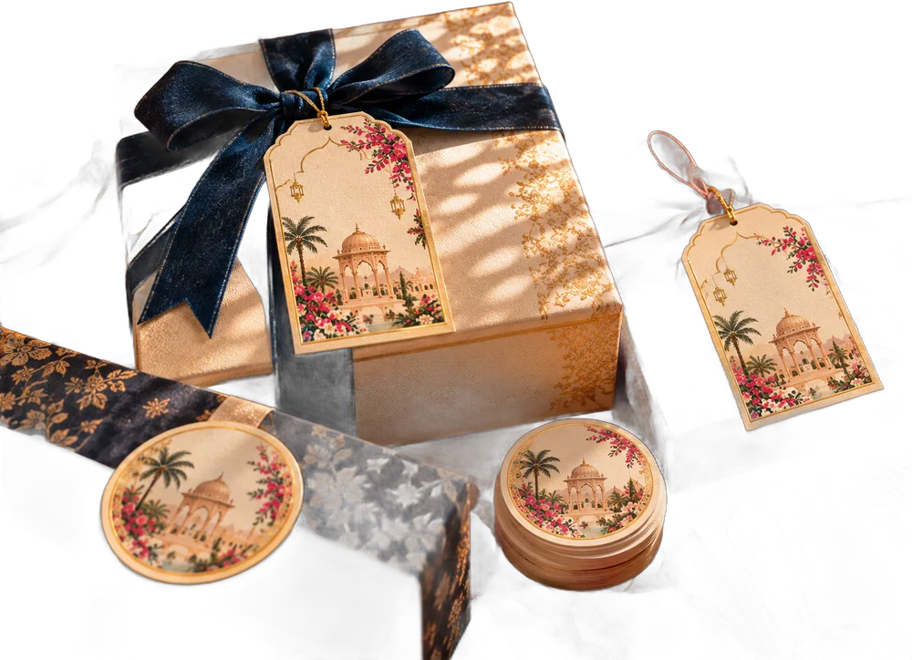 Festive gift box with printed tags and sticker seals