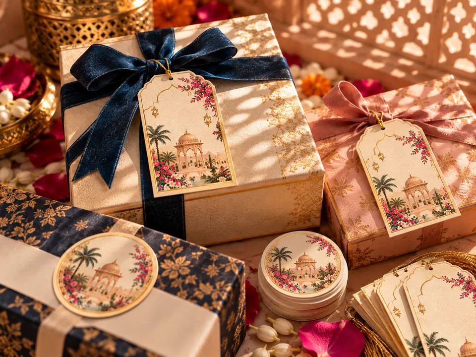 Hamper tags & sticker seals for weddings in Jaipur