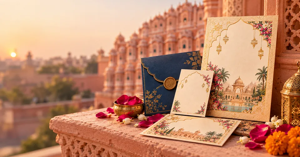 Jaipur wedding stationery with an illustrated Hawa Mahal facade
